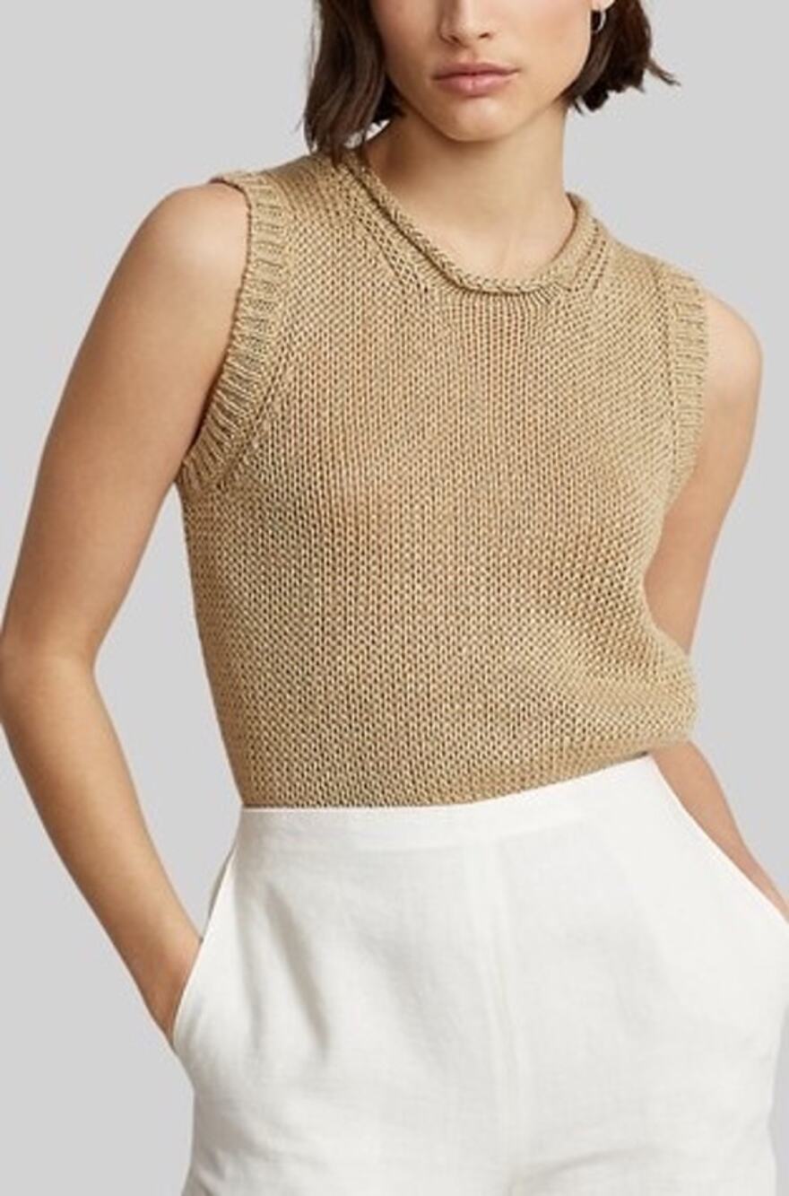 Polo Ralph Lauren Linen Cotton Tan Knit Sleeveless Crewneck Sweater Vest Size L
